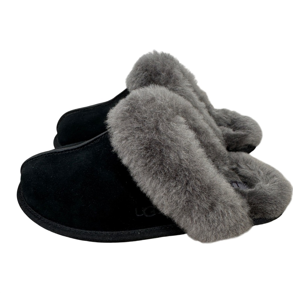 UGG Scuffette II Black Suede Grey Sheepskin Fur Slippers Womens 7 F27220L